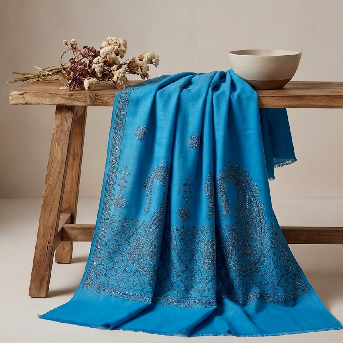Turquoise Blue Handmade Embroidered Pure Wool stall - Lubi Noir