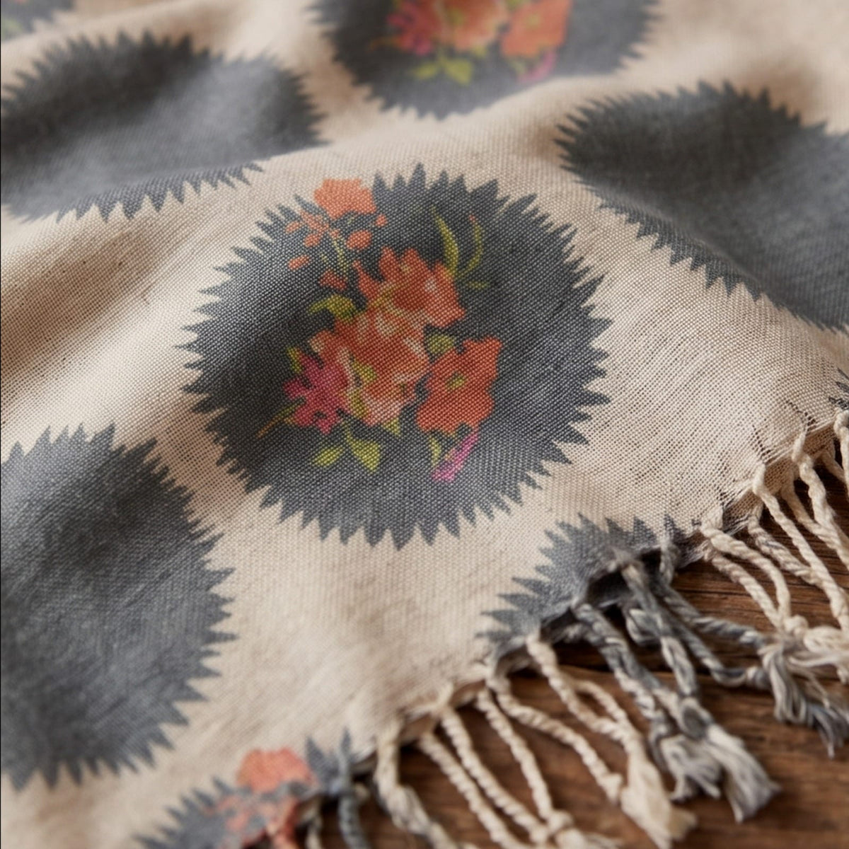 Ivory-cream base Wool printed Shawl - Lubi Noir