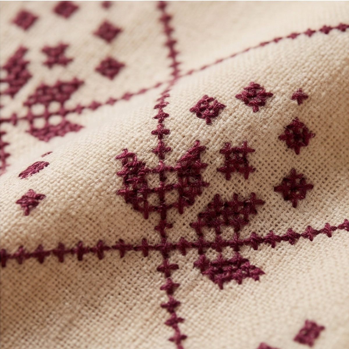Pure Wool Handmade Sindhi Embroidered Shawl – Cream with Burgundy - Lubi Noir