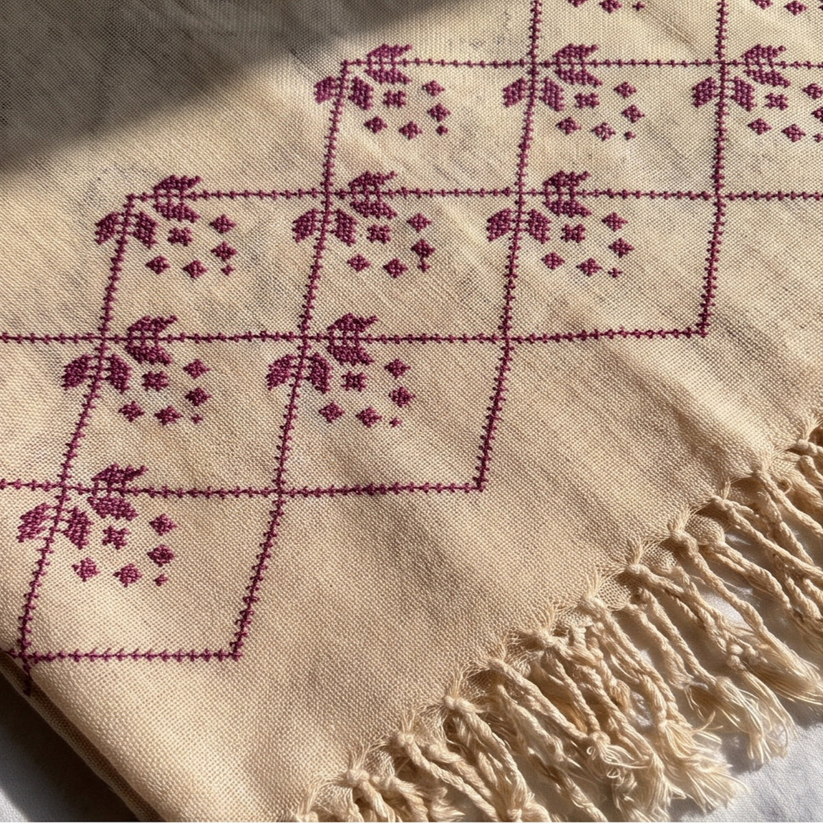 Pure Wool Handmade Sindhi Embroidered Shawl – Cream with Burgundy - Lubi Noir