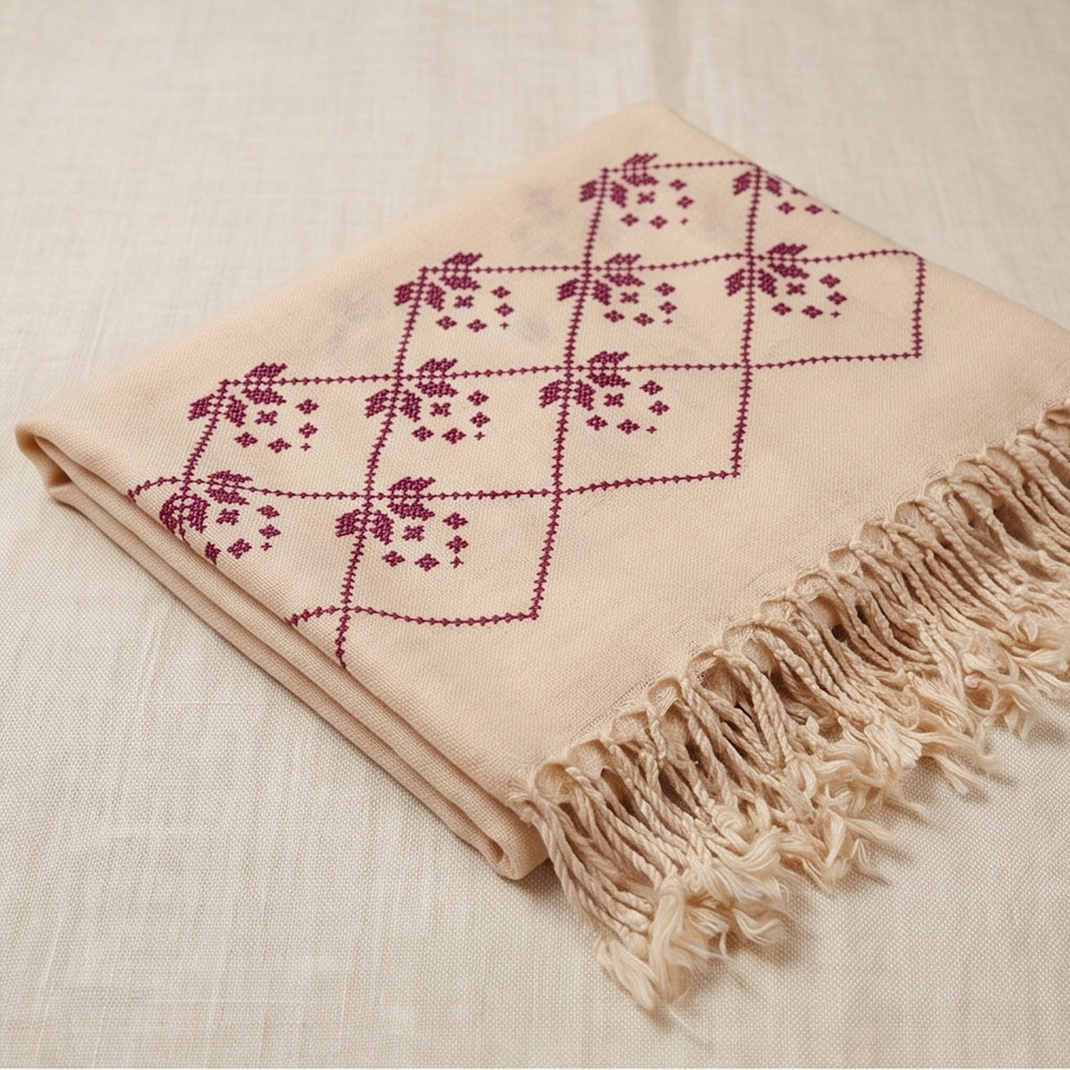 Pure Wool Handmade Sindhi Embroidered Shawl – Cream with Burgundy - Lubi Noir