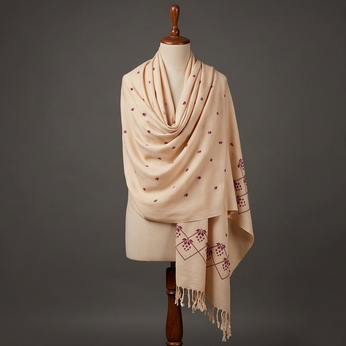 Pure Wool Handmade Sindhi Embroidered Shawl – Cream with Burgundy - Lubi Noir