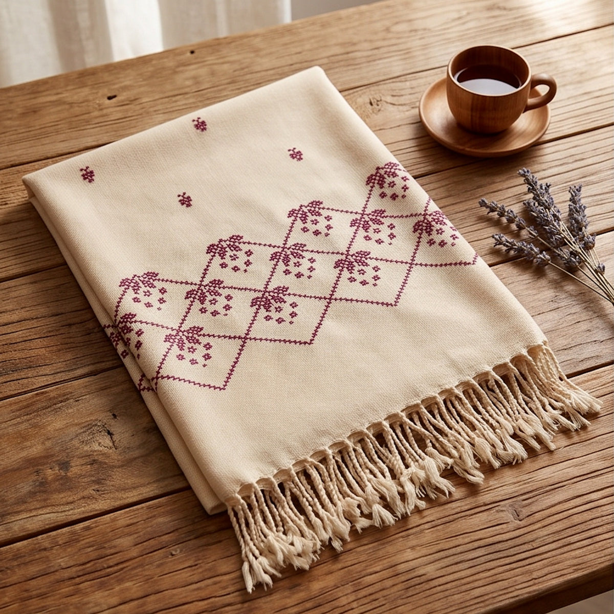 Pure Wool Handmade Sindhi Embroidered Shawl – Cream with Burgundy - Lubi Noir