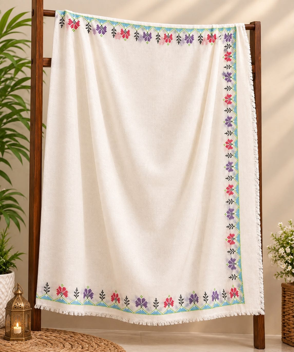Pure Wool Handmade Sindhi Embroidered Shawl Ivory White - Lubi Noir