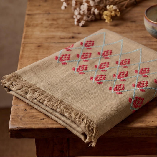 Gul-e-Sindh – Hand-Embroidered Sindhi Shawl | Natural Beige - Lubi Noir