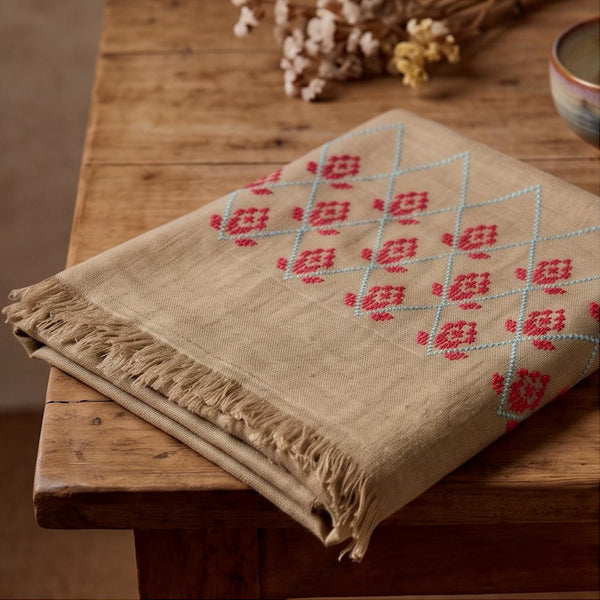 Gul-e-Sindh – Hand-Embroidered Sindhi Shawl | Natural Beige