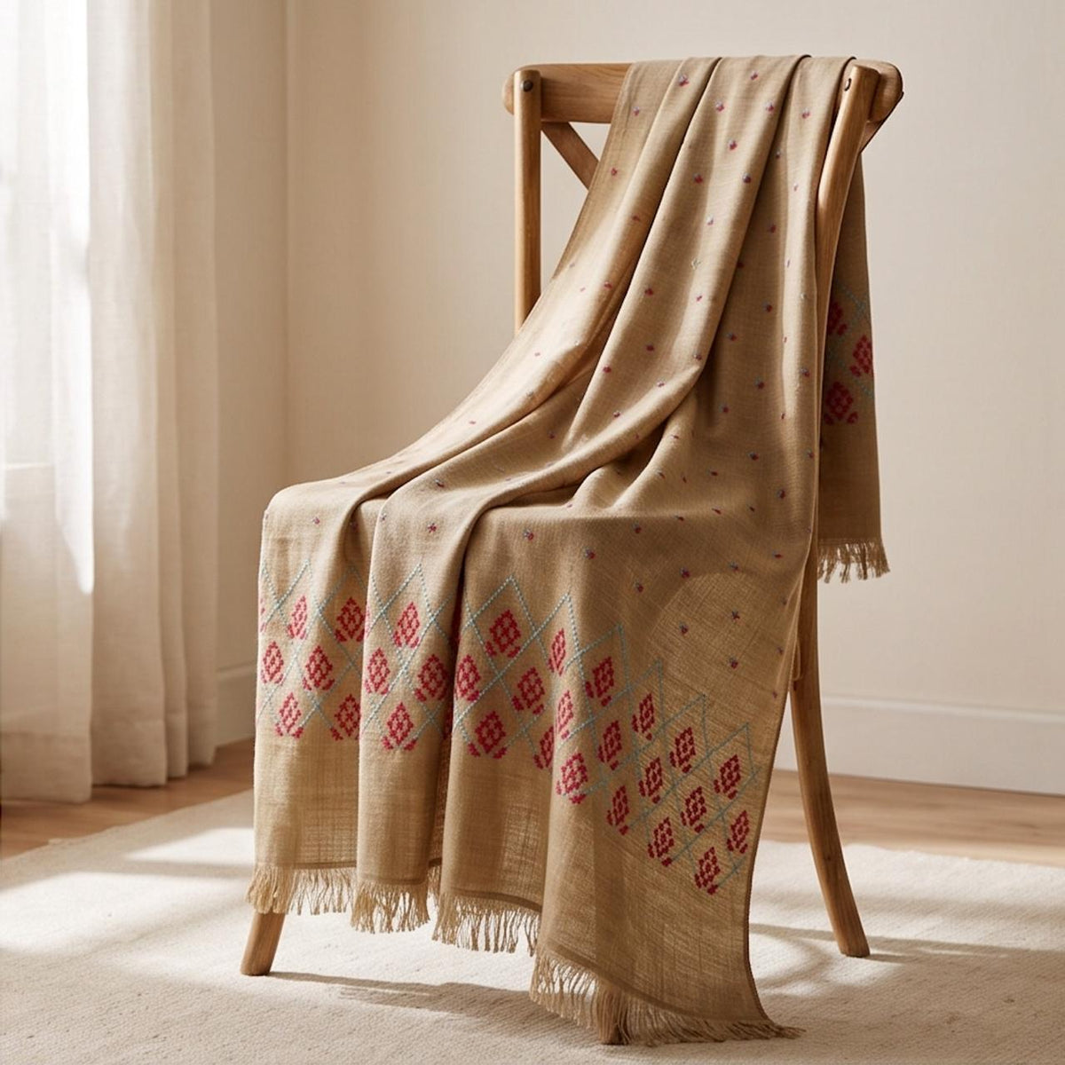 Gul-e-Sindh – Hand-Embroidered Sindhi Shawl | Natural Beige - Lubi Noir