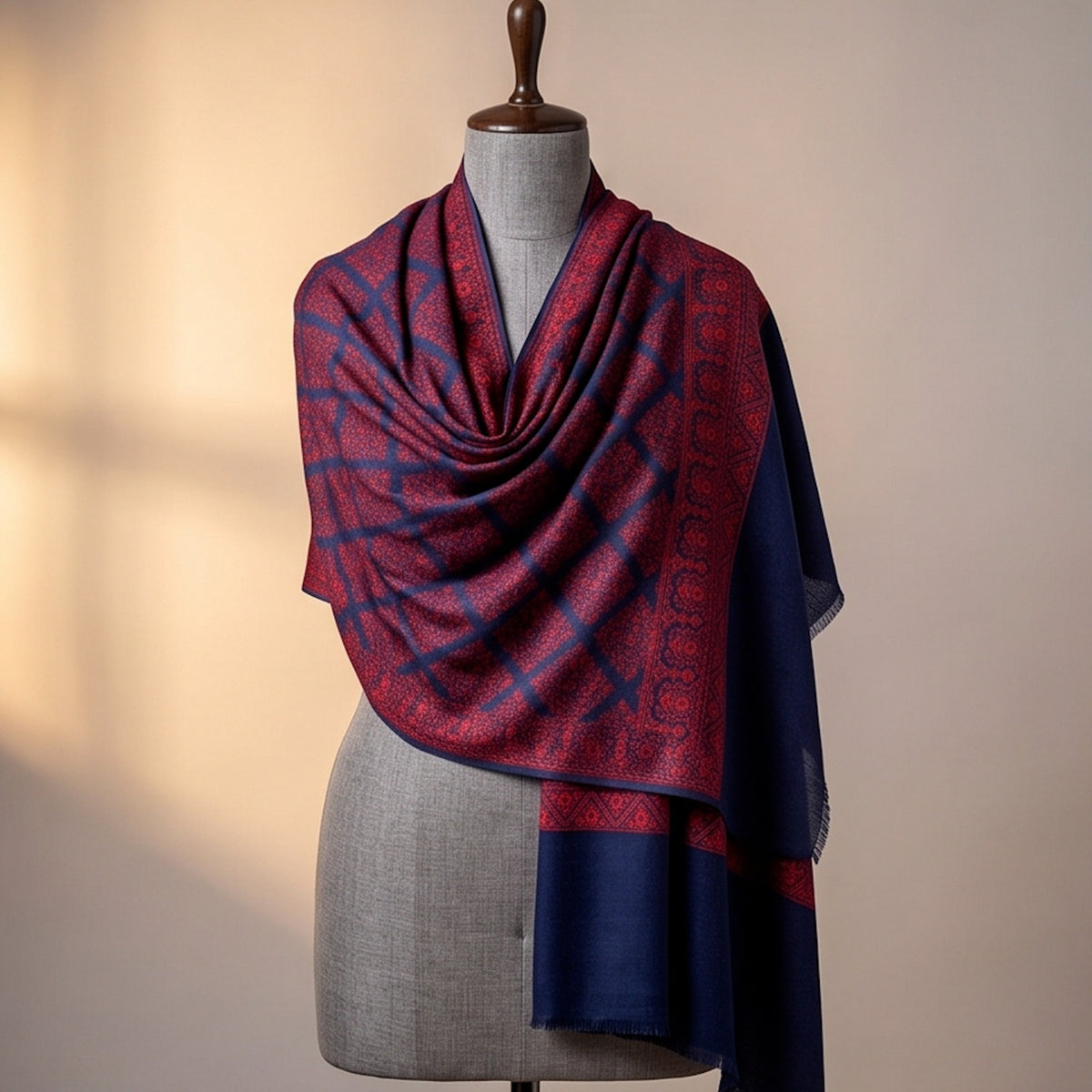 Deep navy-blue base Handmade Embroidered Pure Wool Shawl. - Lubi Noir