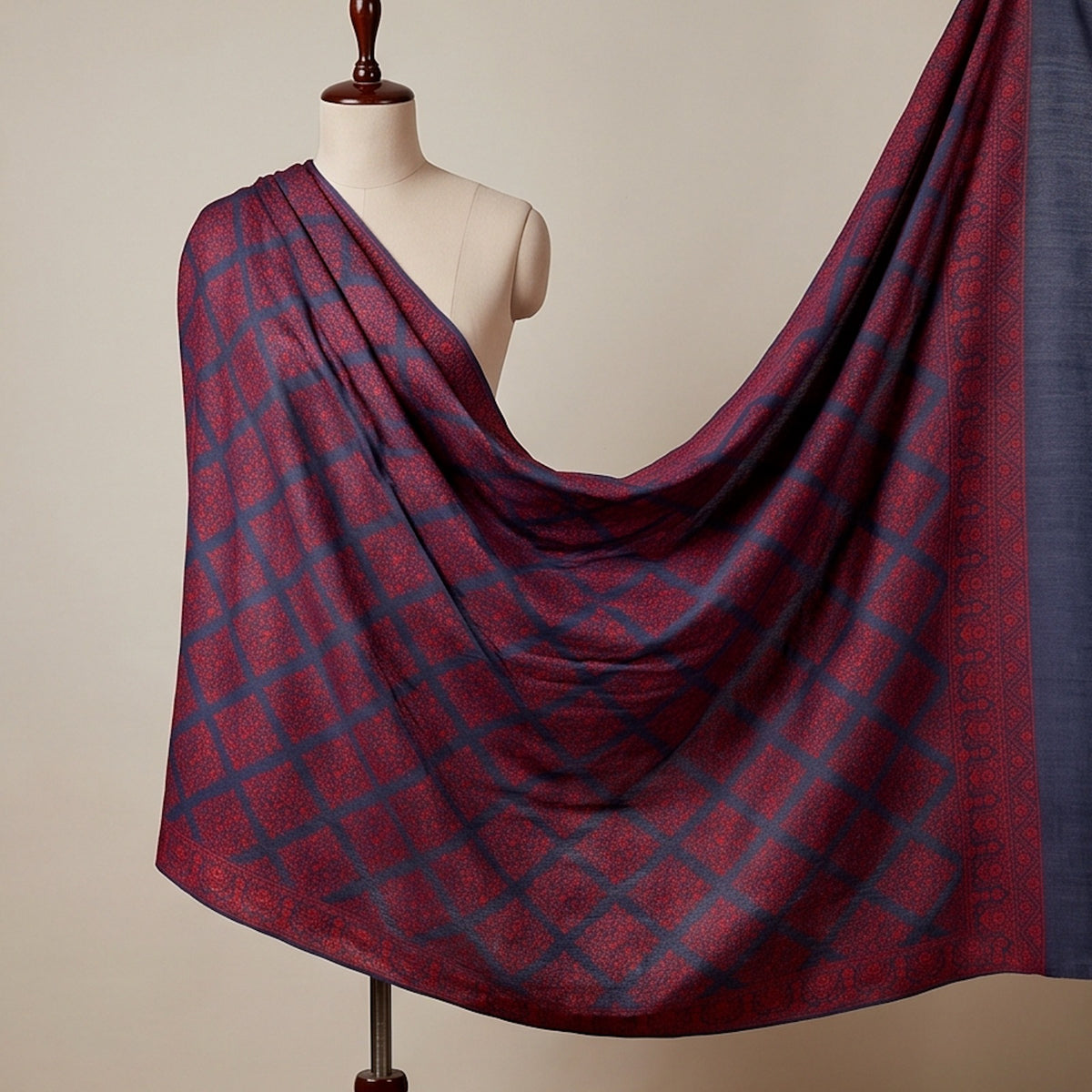 Deep navy-blue base Handmade Embroidered Pure Wool Shawl. - Lubi Noir