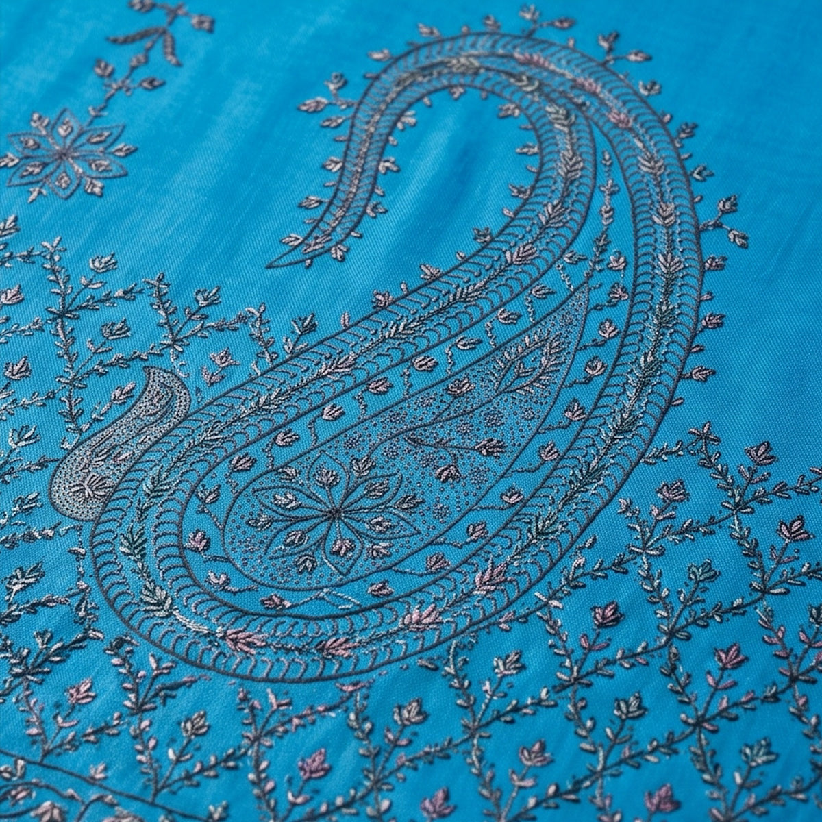 Turquoise Blue Handmade Embroidered Pure Wool stall - Lubi Noir