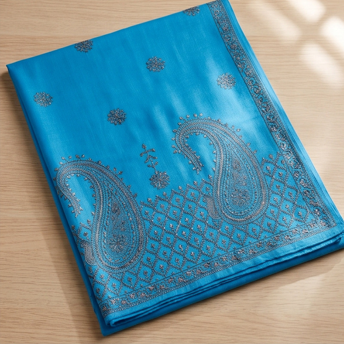 Turquoise Blue Handmade Embroidered Pure Wool stall - Lubi Noir
