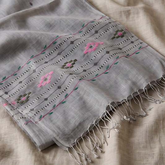 Gray Pure Wool Hand-Embroidered Swati Shawl - Lubi Noir