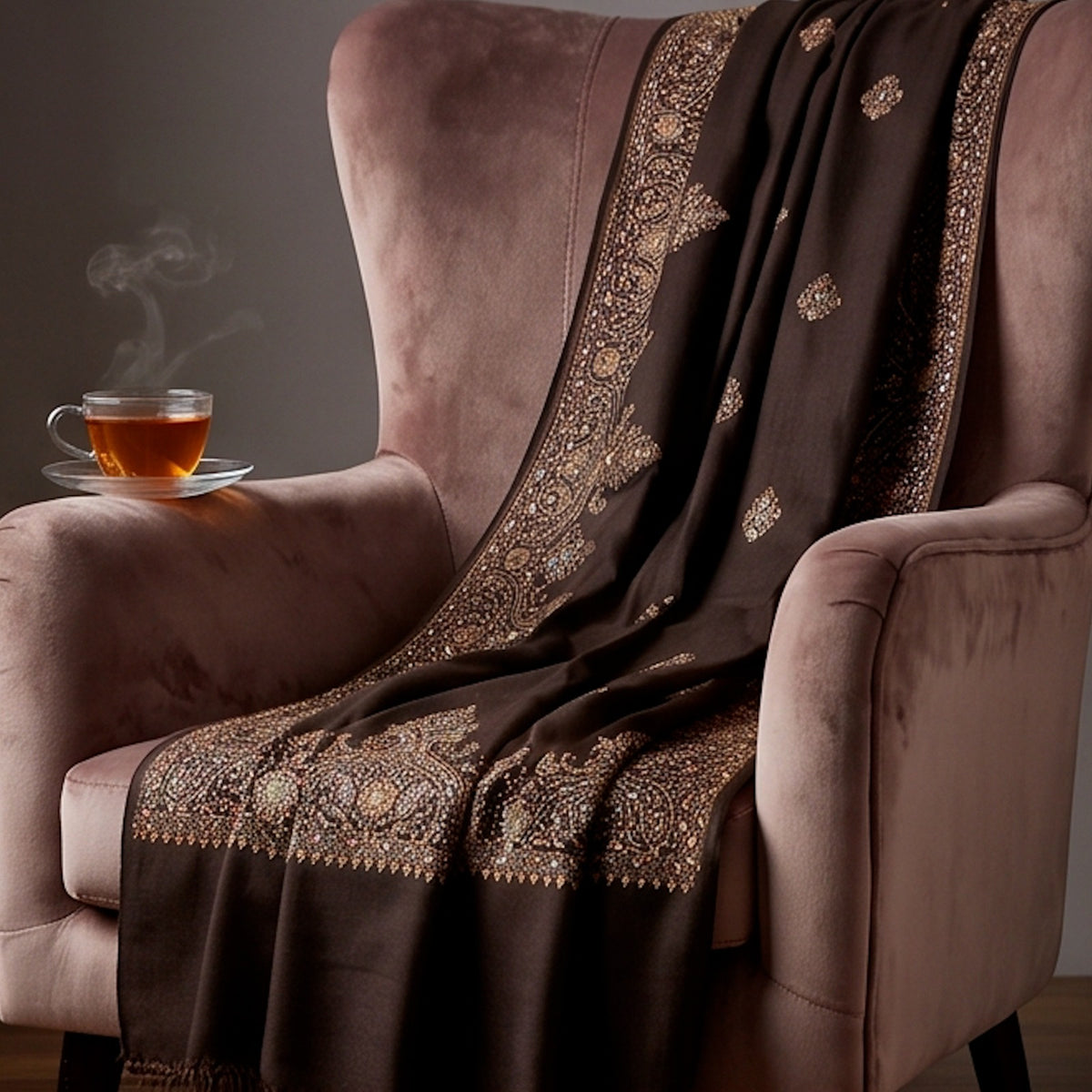 Handmade Dark Brown Embroidered Pure Wool Shawl. - Lubi Noir