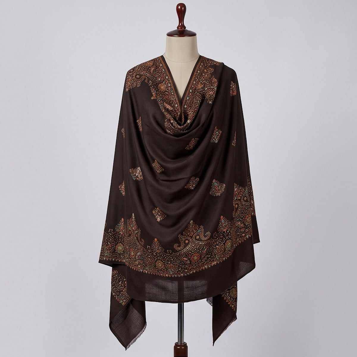 Handmade Dark Brown Embroidered Pure Wool Shawl. - Lubi Noir