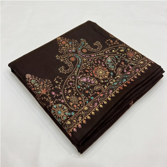 Handmade Dark Brown Embroidered Pure Wool Shawl. - Lubi Noir