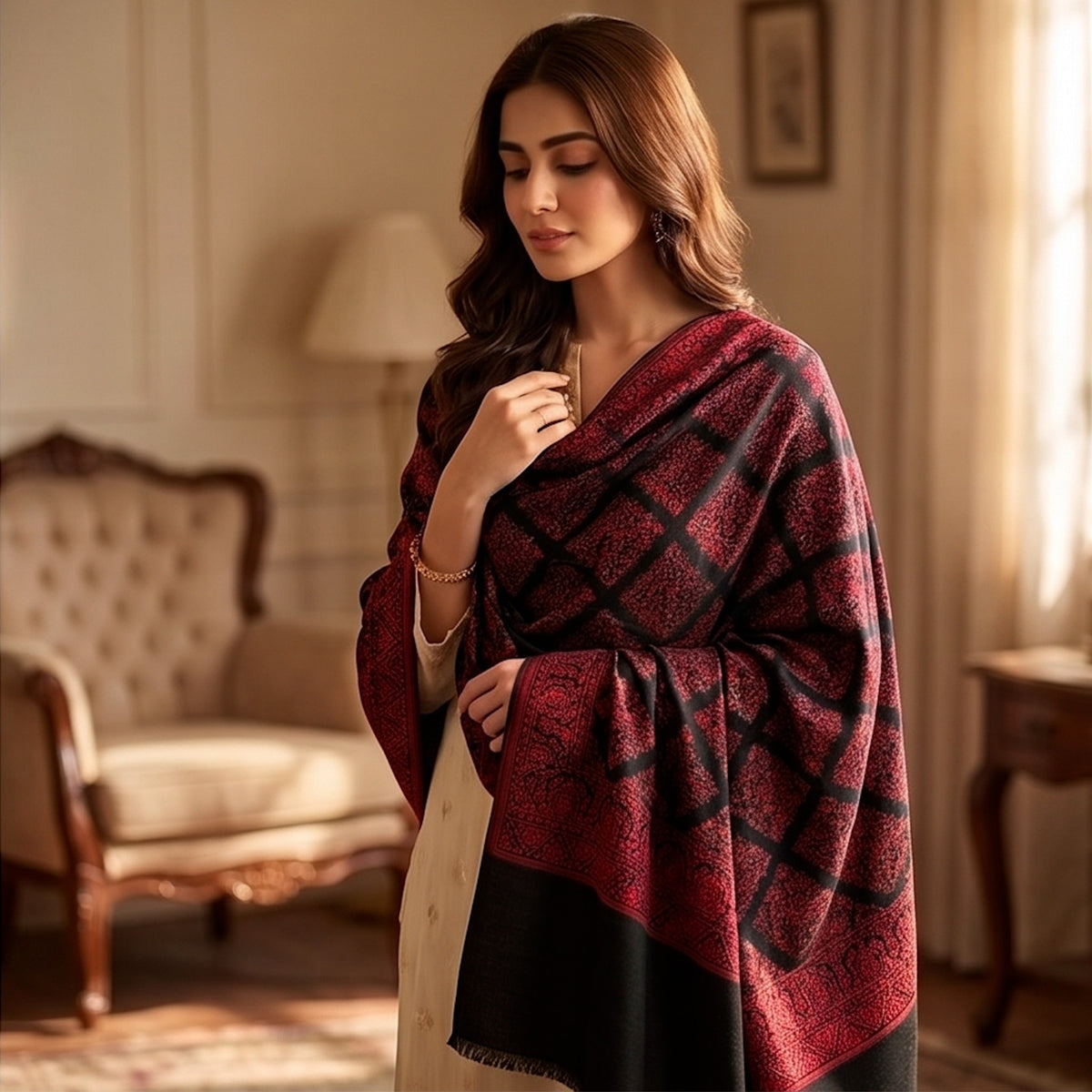 Rang-e-Swat black Embroidered Pure Wool Shawl. - Lubi Noir