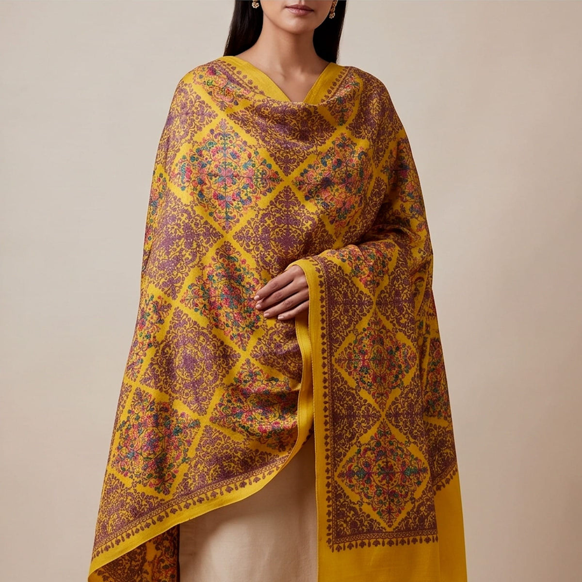 Mustard Embroidered Wool Shawl. - Lubi Noir