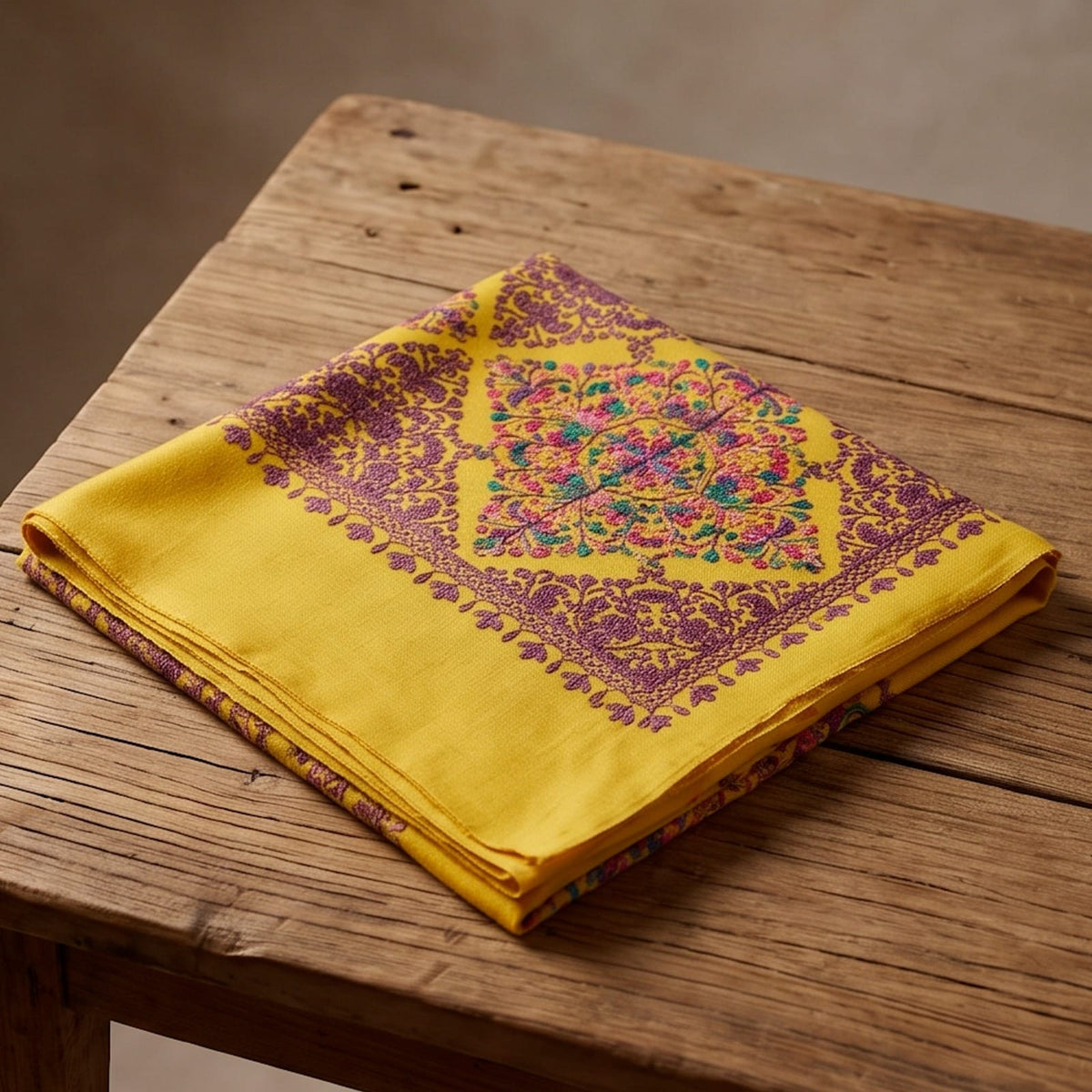 Mustard Embroidered Wool Shawl. - Lubi Noir