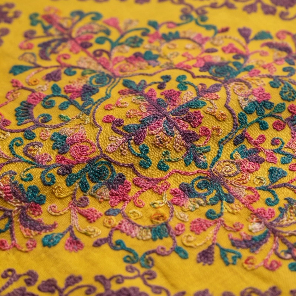 Mustard Embroidered Wool Shawl. - Lubi Noir
