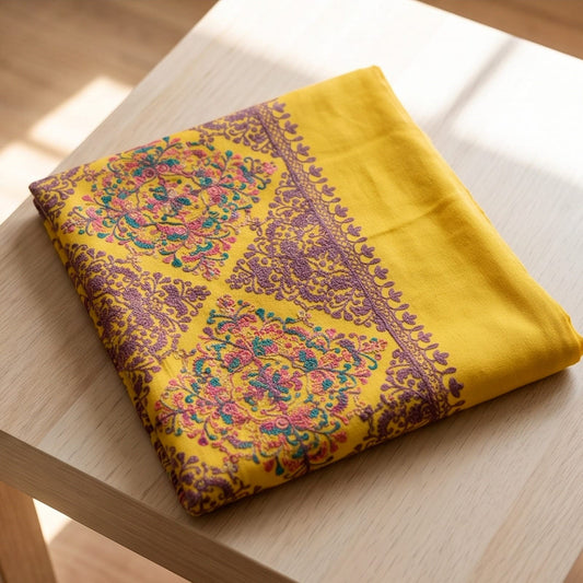 Mustard Embroidered Wool Shawl. - Lubi Noir