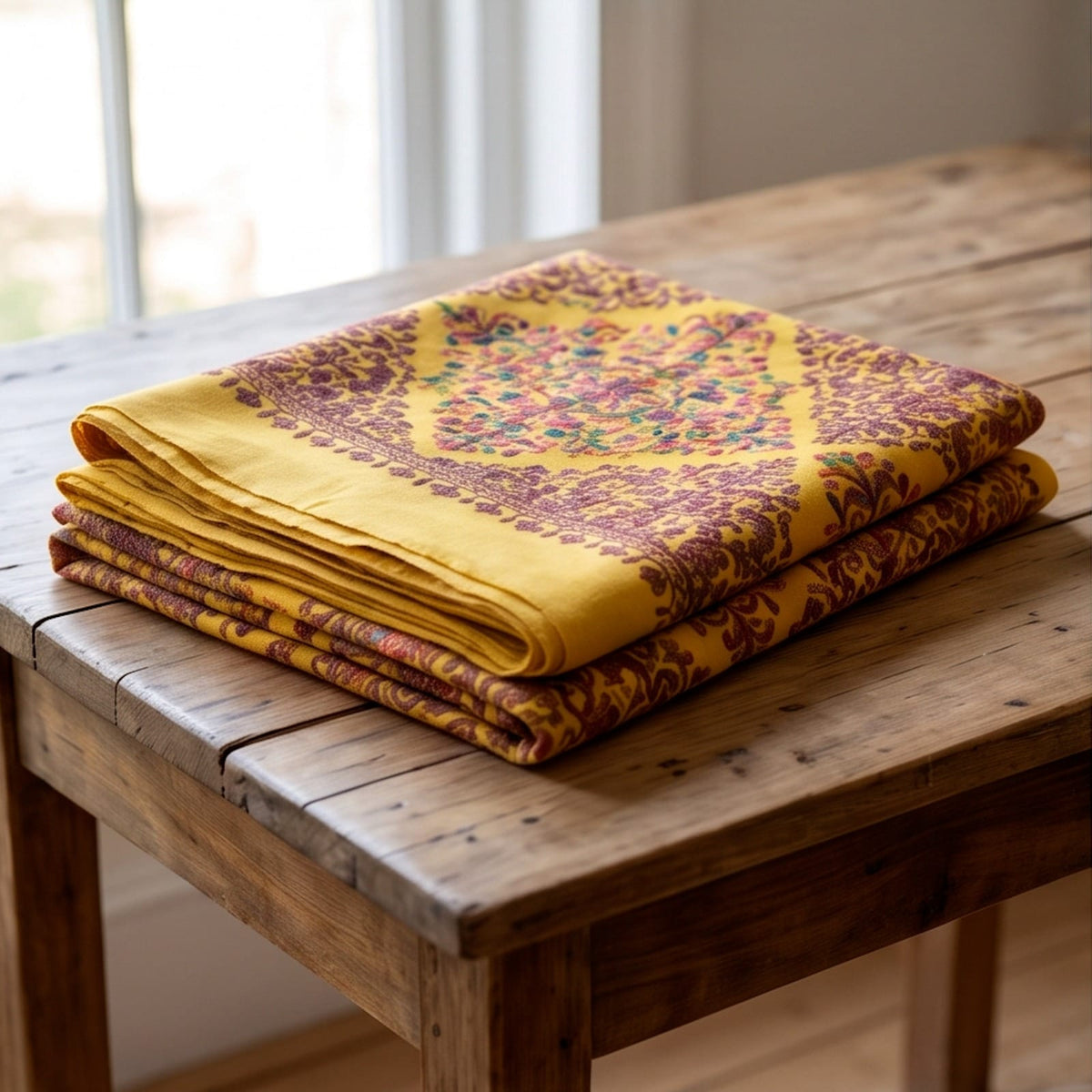Mustard Embroidered Wool Shawl. - Lubi Noir