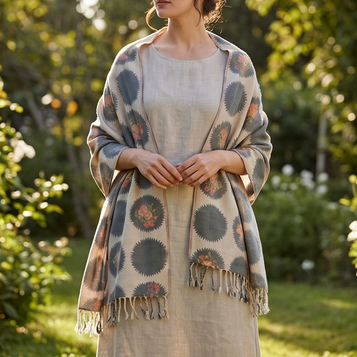 Ivory-cream base Wool printed Shawl - Lubi Noir
