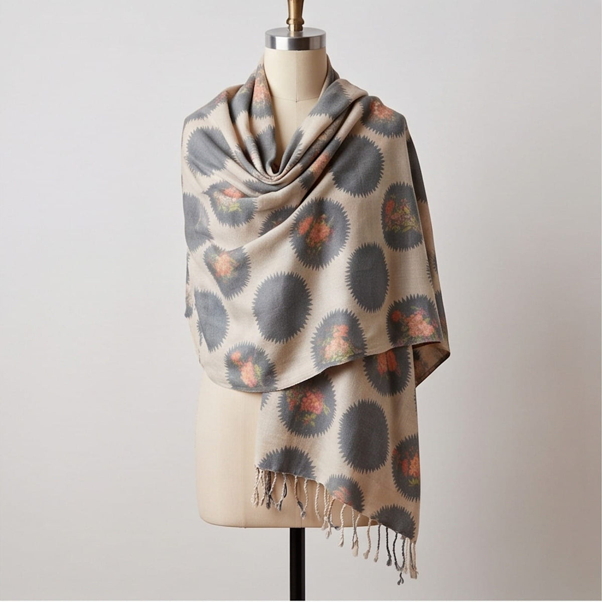 Ivory-cream base Wool printed Shawl - Lubi Noir
