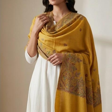 Mustard Gold Embroidered Premium Shawl - Lubi Noir