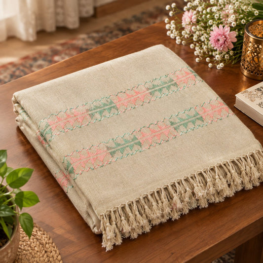 Handmade Embroidered Scarve made form pure wool- Beige-cream Colour - Lubi Noir