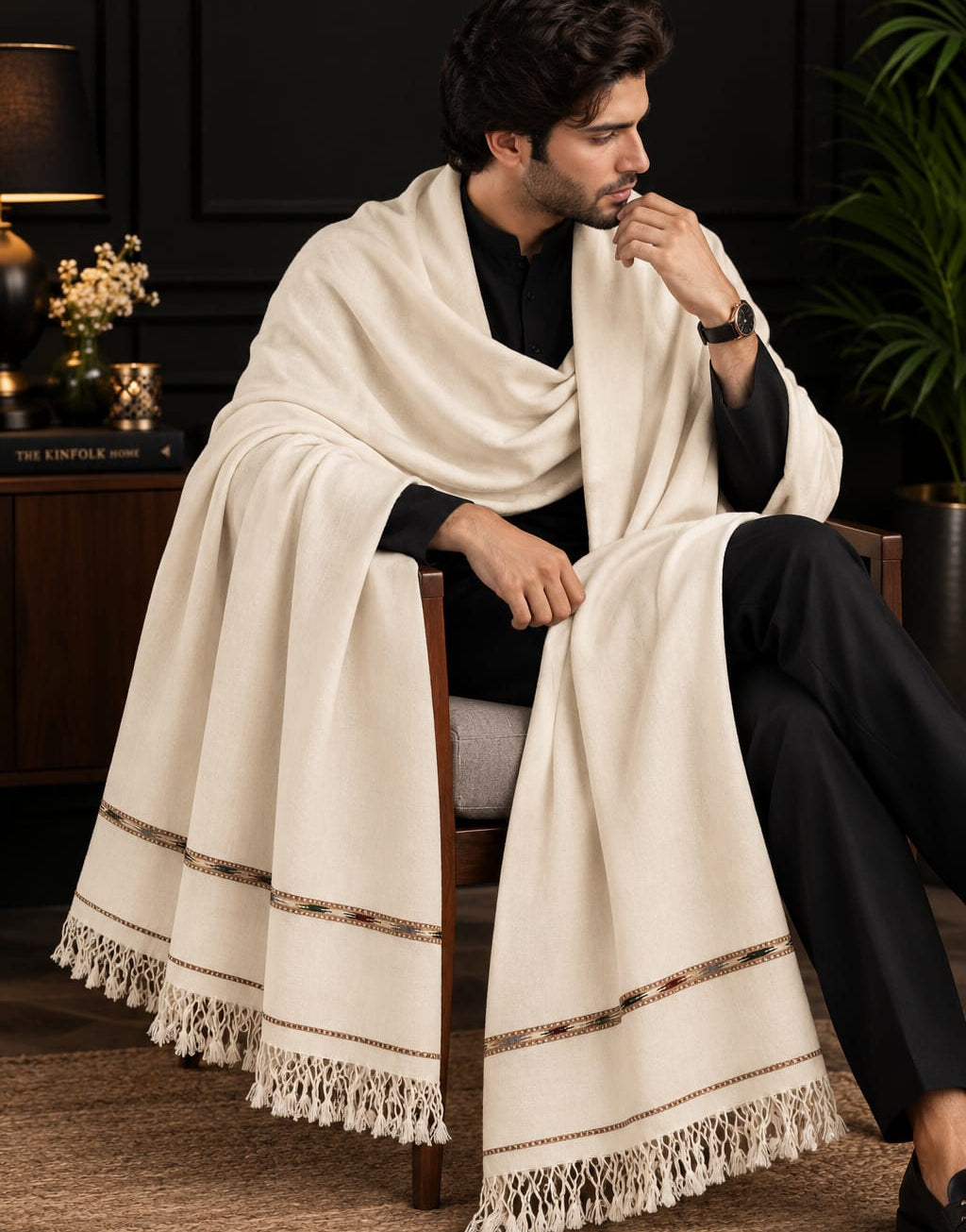 Men's Pure Wool Shawl- Ivory White - Lubi Noir