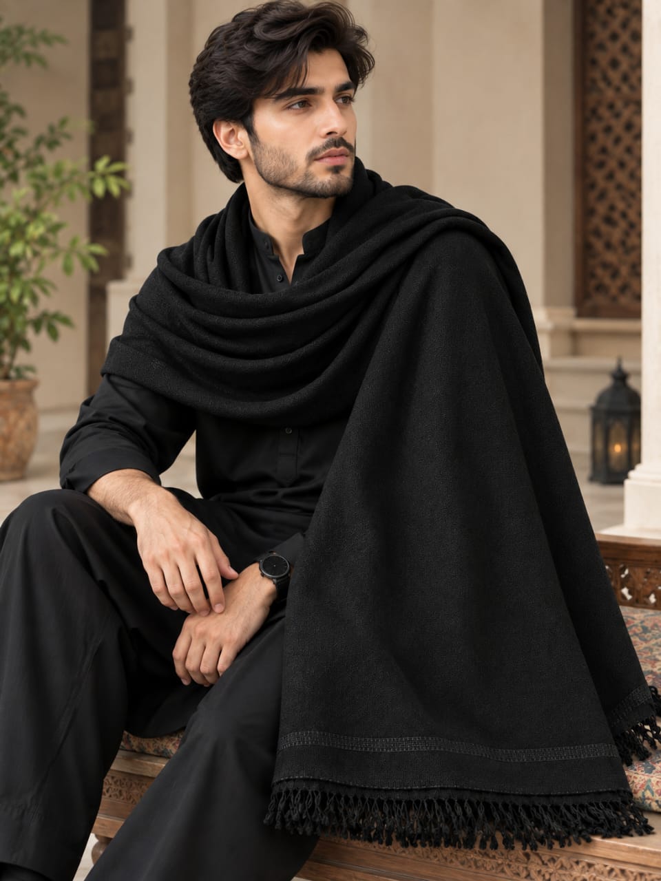 Men's Pure Wool Shawl- Black - Lubi Noir