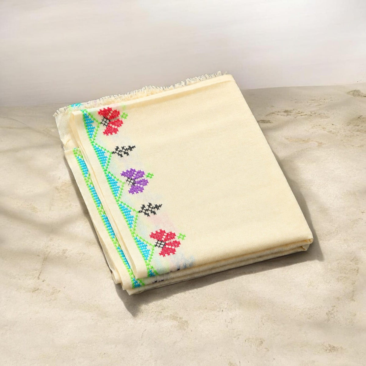 Pure Wool Handmade Sindhi Embroidered Shawl Ivory White - Lubi Noir