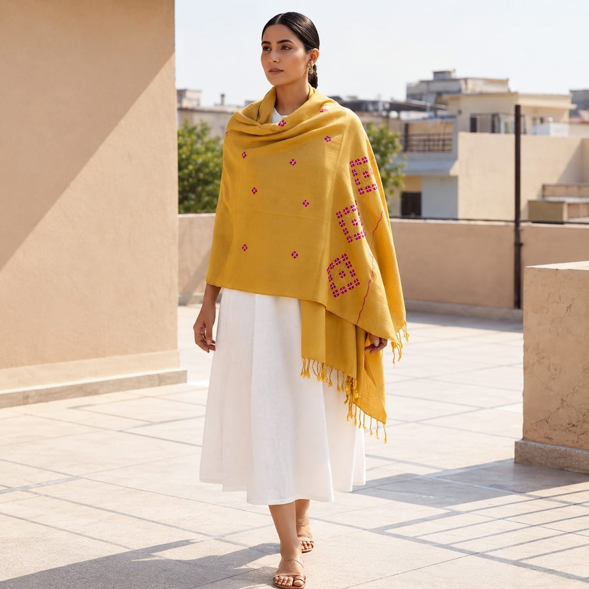 Mustard Embroidered Shawl - Lubi Noir
