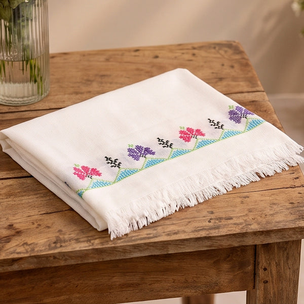 Pure Wool Handmade Sindhi Embroidered Shawl  Ivory White