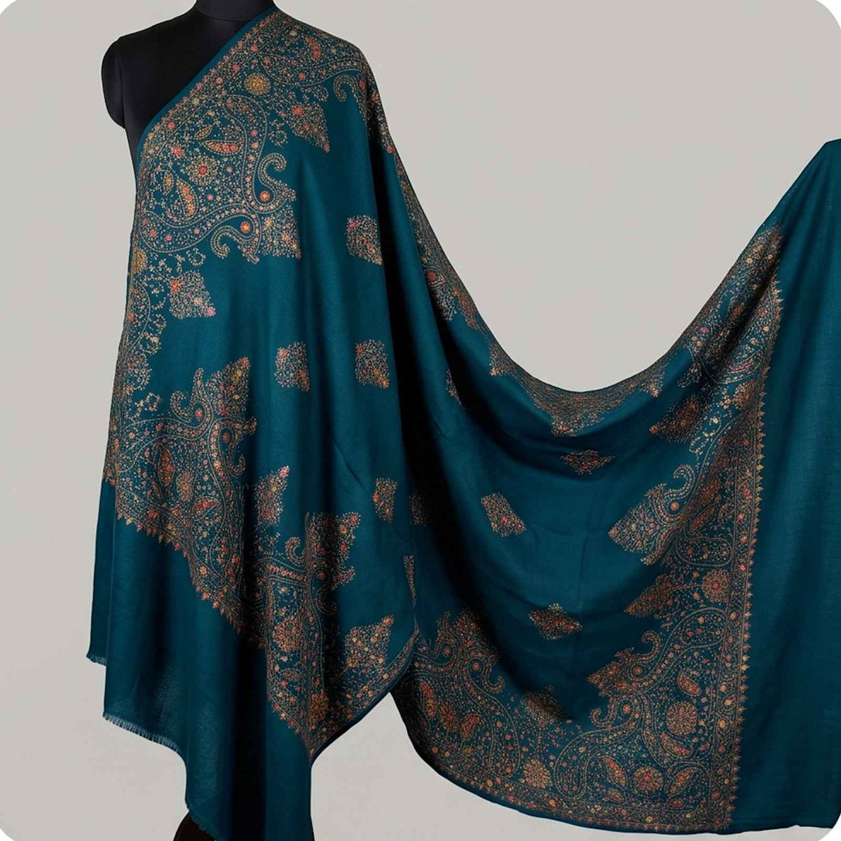 Embroidered premium Kashmiri wool shwal-Deep Teal / peacock blue
