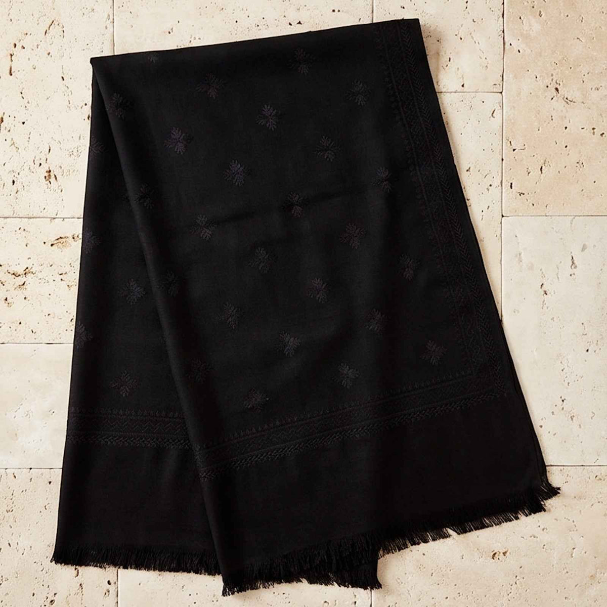 Handmade Black Pure wool shawl with black embroidery
