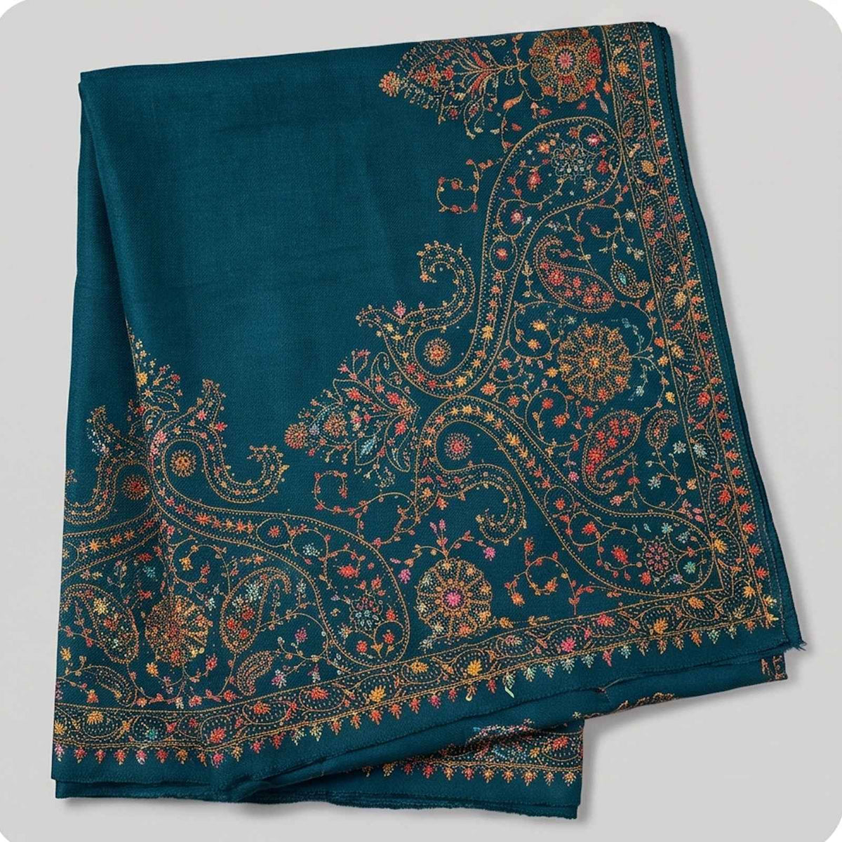 Embroidered premium Kashmiri wool shwal-Deep Teal / peacock blue