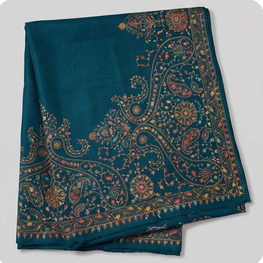 Embroidered premium Kashmiri wool shwal-Deep Teal / peacock blue