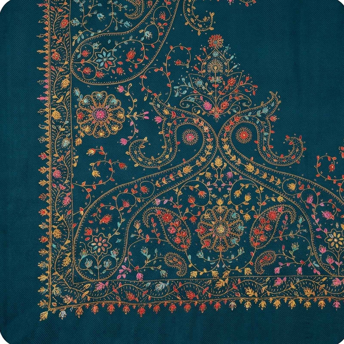 Embroidered premium Kashmiri wool shwal-Deep Teal / peacock blue